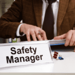 Safety Manager sitting at Desk looking at First aid and CPR OSHA Requirements for the workplace